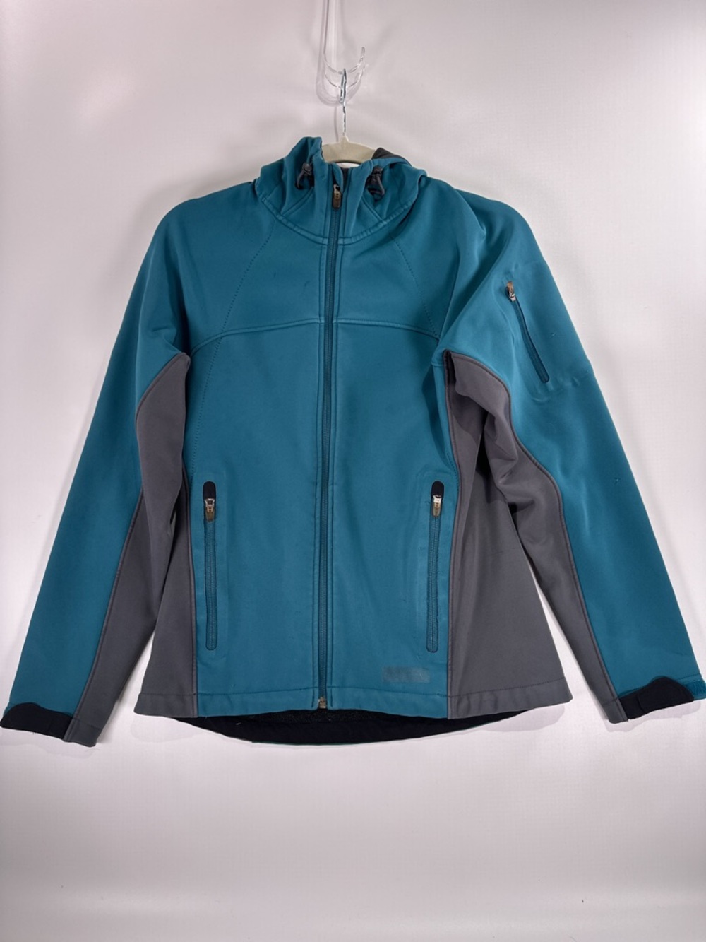 REI Womens XS Gorpcore Softshell Hooded Jacket Teal Gray Colorblock Y2K - Picture 2 of 11